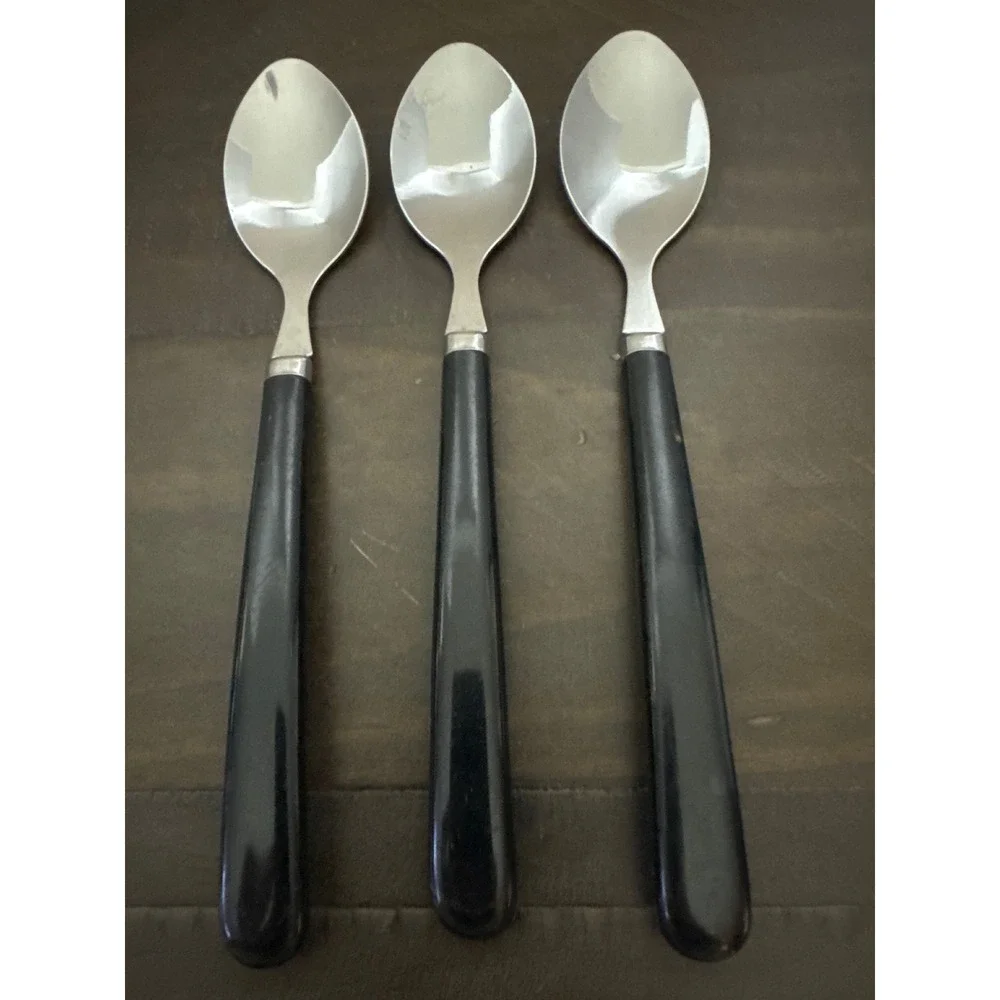 Vintage MCM Black Handle Flatware Set 10pc Stainless Taiwan Forks Knives Spoons